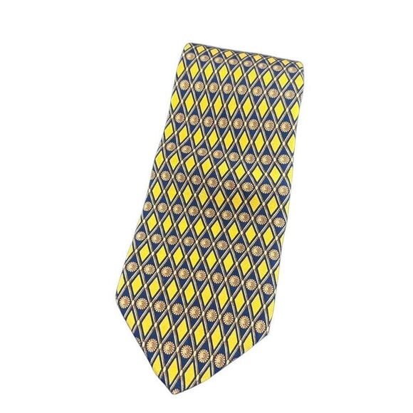 Tom James All Silk Green Label Yellow and Blue Tie - Picture 1 of 4